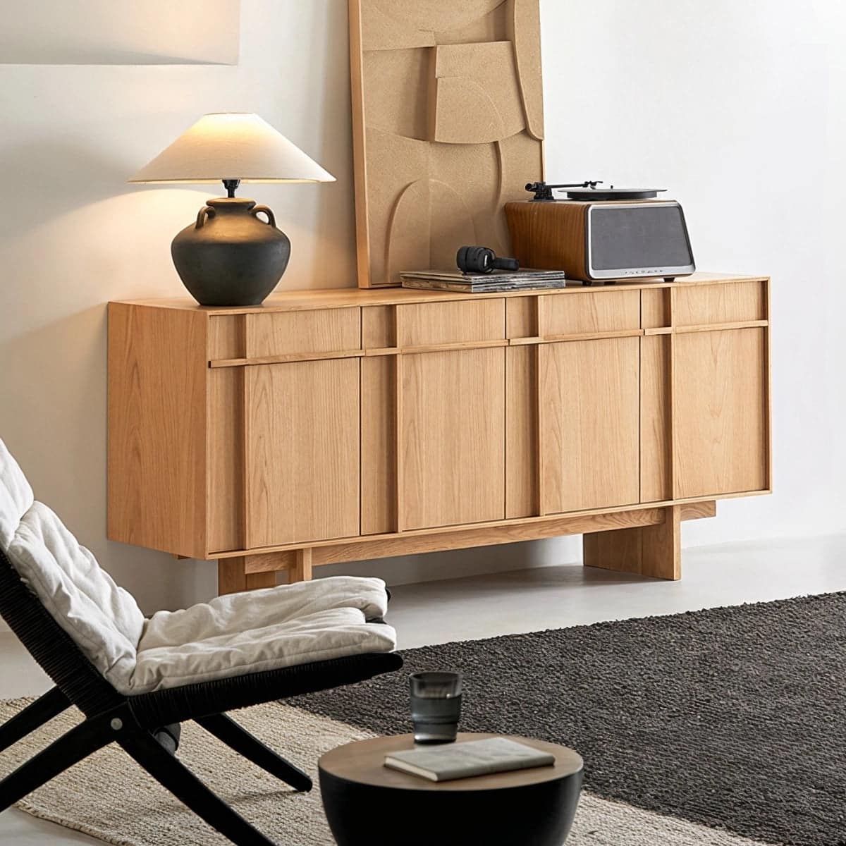 minimalist_oak_buffet_black_ceramic_lamp_artwork_midcentury_cabinet.jpg Modern white oak sideboard buffet