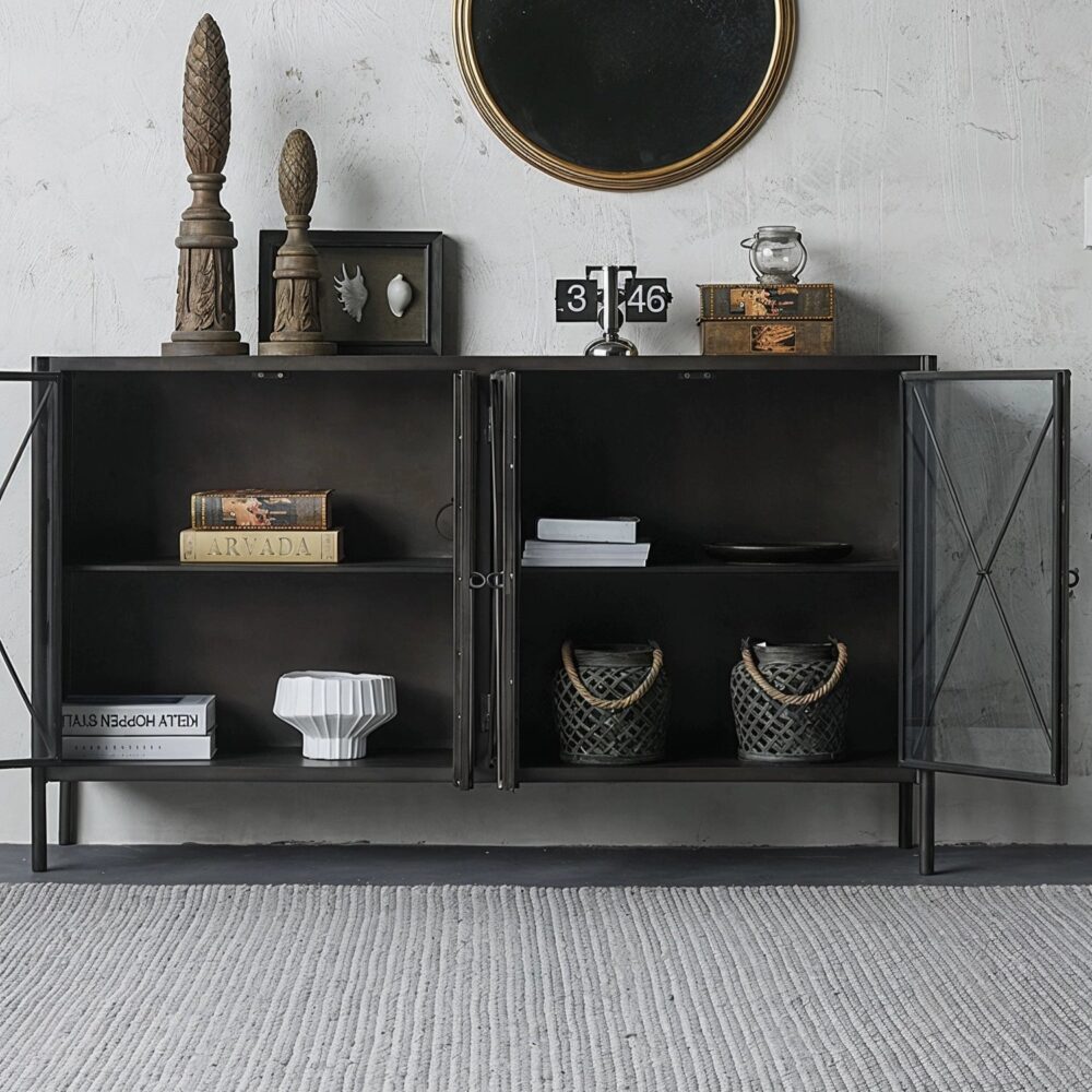 modern_black_metal_sideboard_open_cabinet_shelves.jpg Modern industrial black metal sideboard