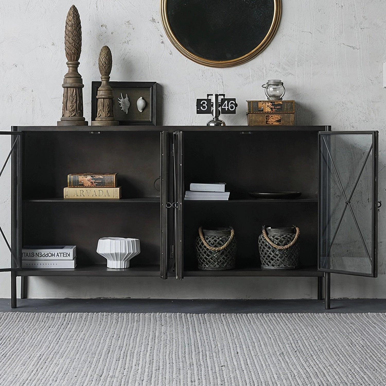 modern_black_metal_sideboard_open_cabinet_shelves.jpg Modern industrial black metal sideboard
