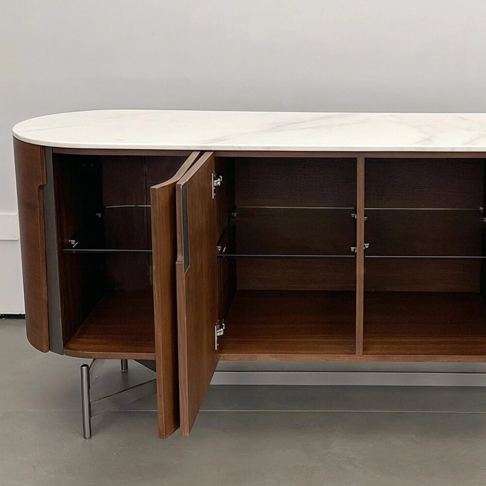 oval_sideboard_open_doors_glass_shelves.jpg Modern luxury oval walnut