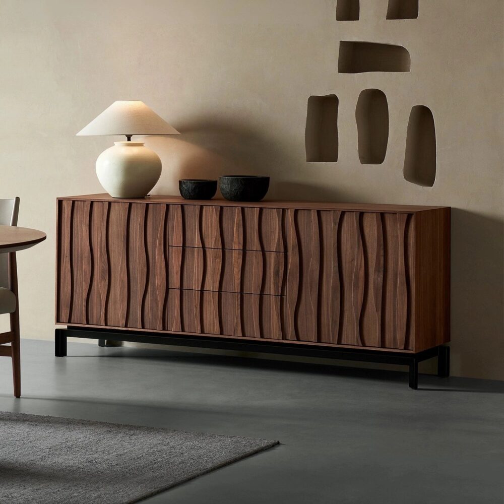 Modern walnut wood veneer sideboard