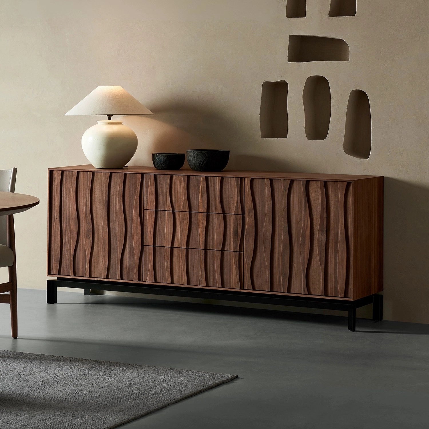 Modern walnut wood veneer sideboard