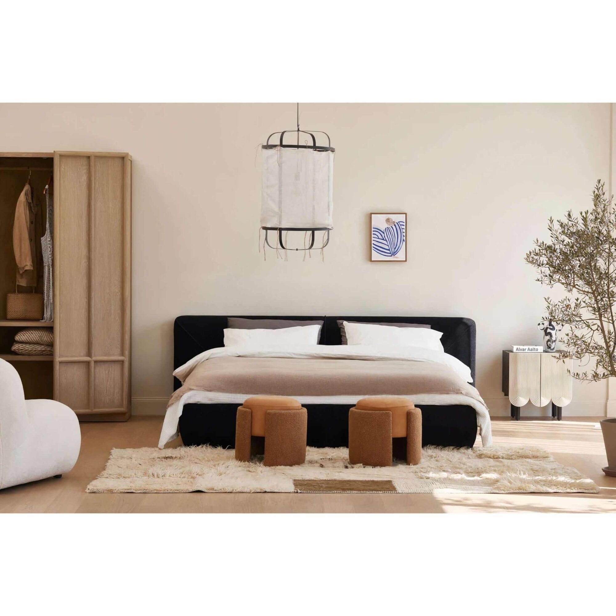 Modern black linen bed with