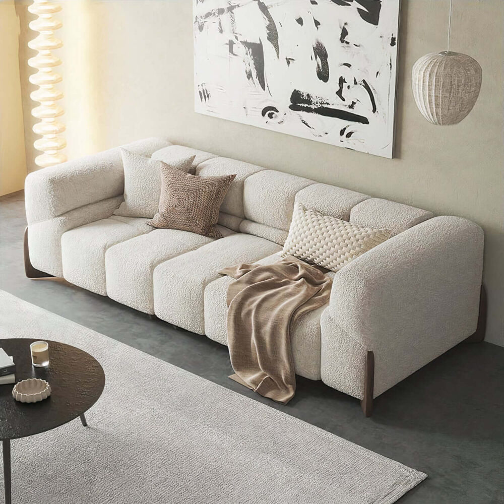 Violet boucle sofa with