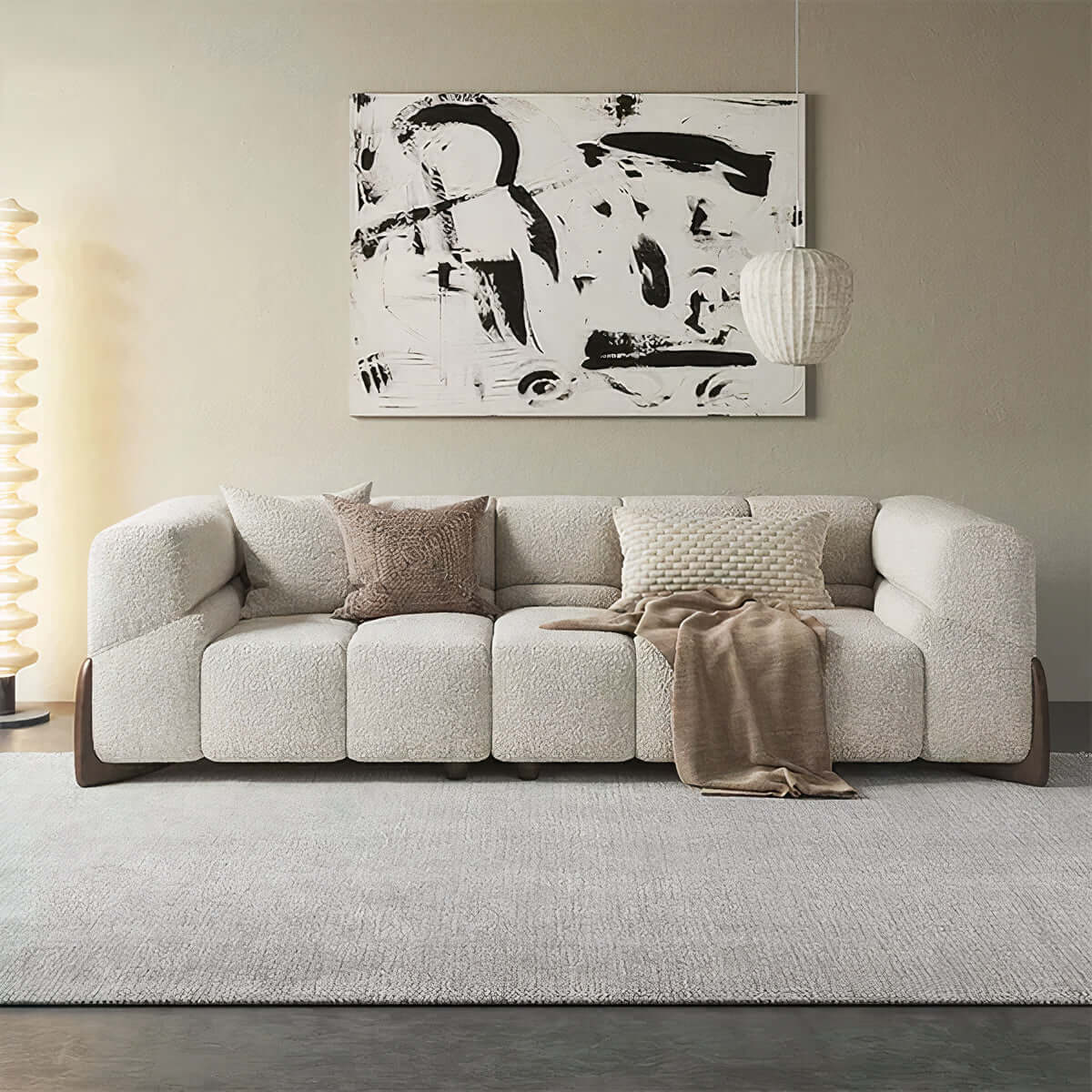 Violet boucle sofa with a
