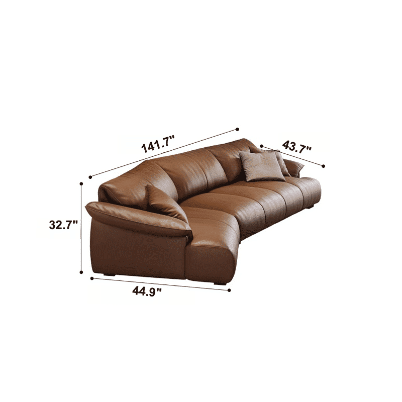 Brown leather curved sofa with