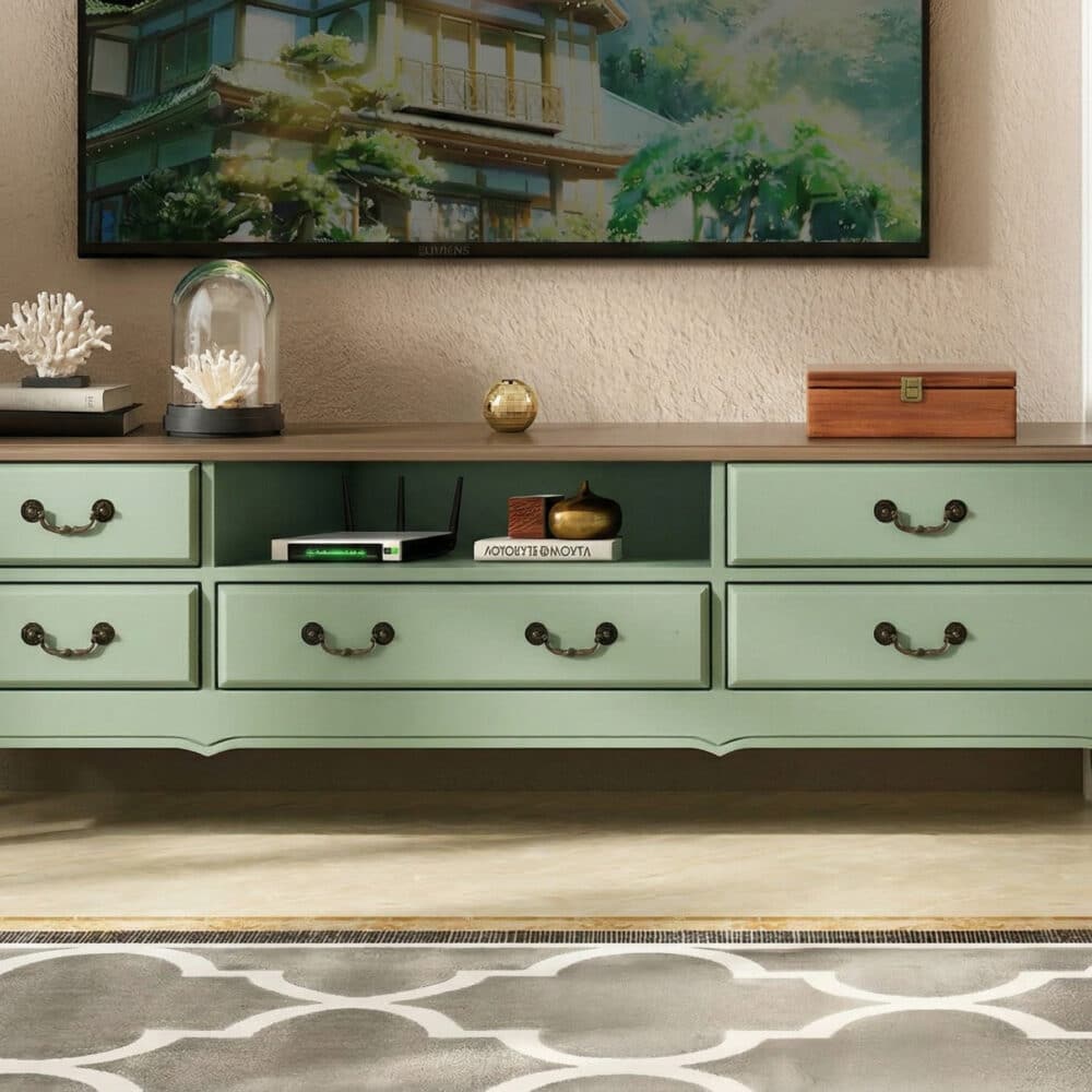 Brown-Green Wood Open Storage Drawers Long TV Stand 相册图 #4 resized