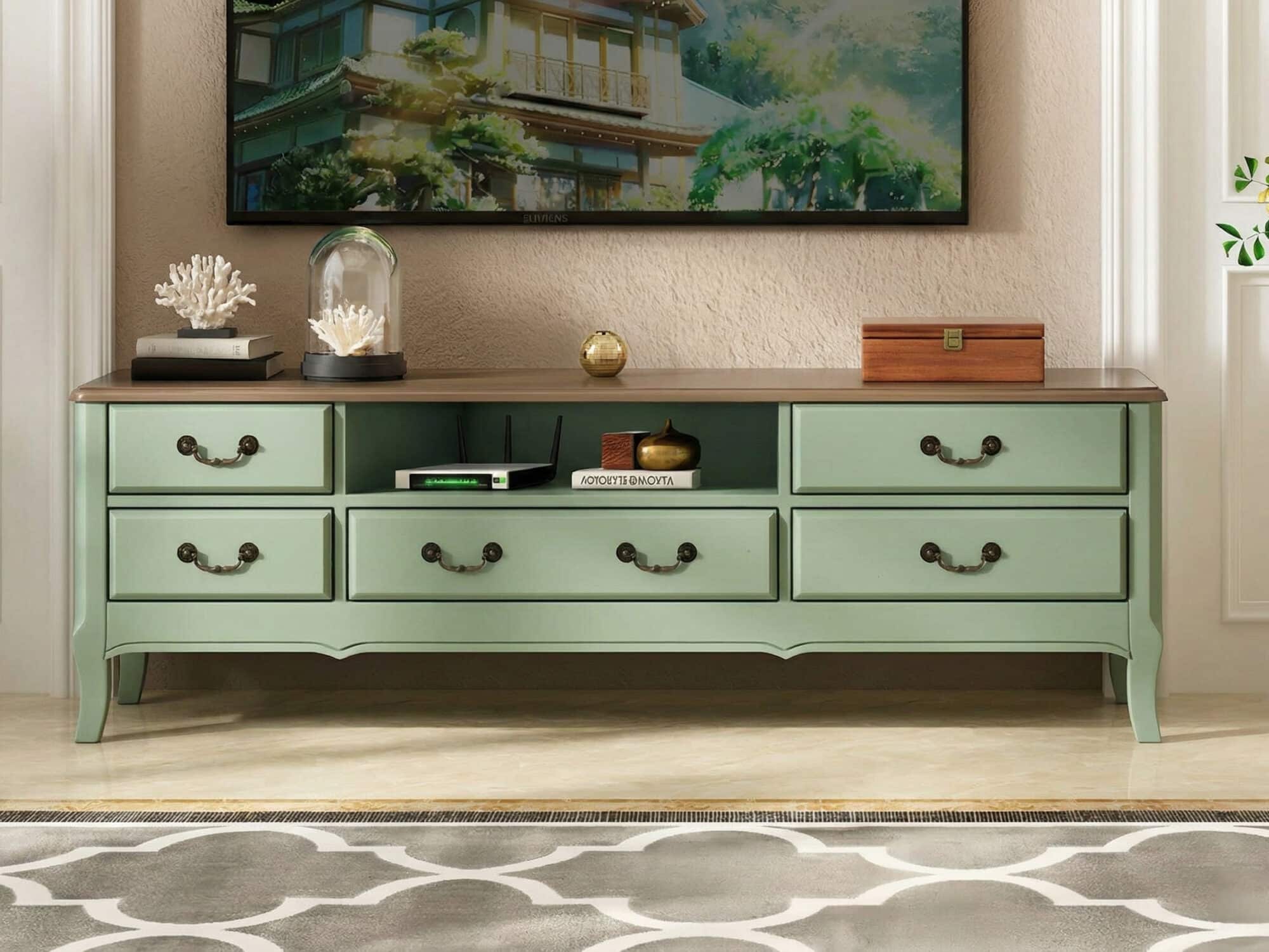 Brown-Green Wood Open Storage Drawers Long TV Stand 相册图 #4 resized