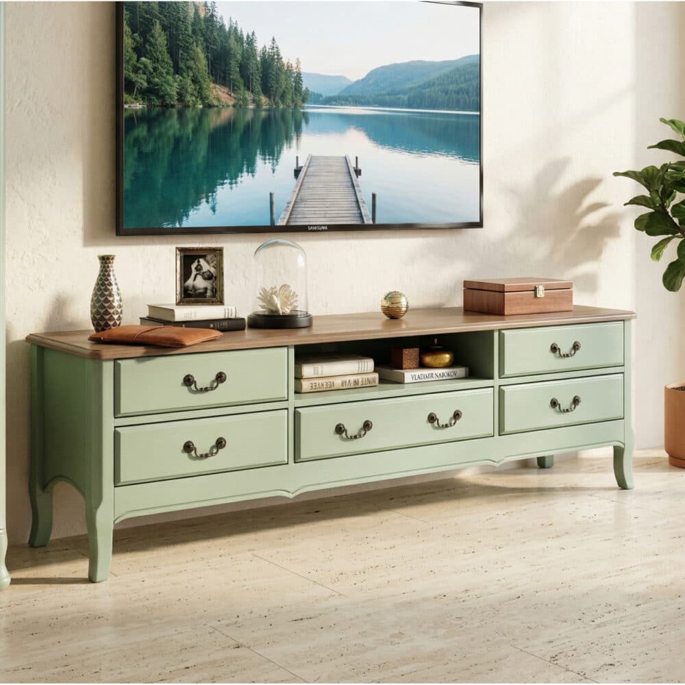 Brown-Green Wood Open Storage Drawers Long TV Stand 相册图 #1 scene