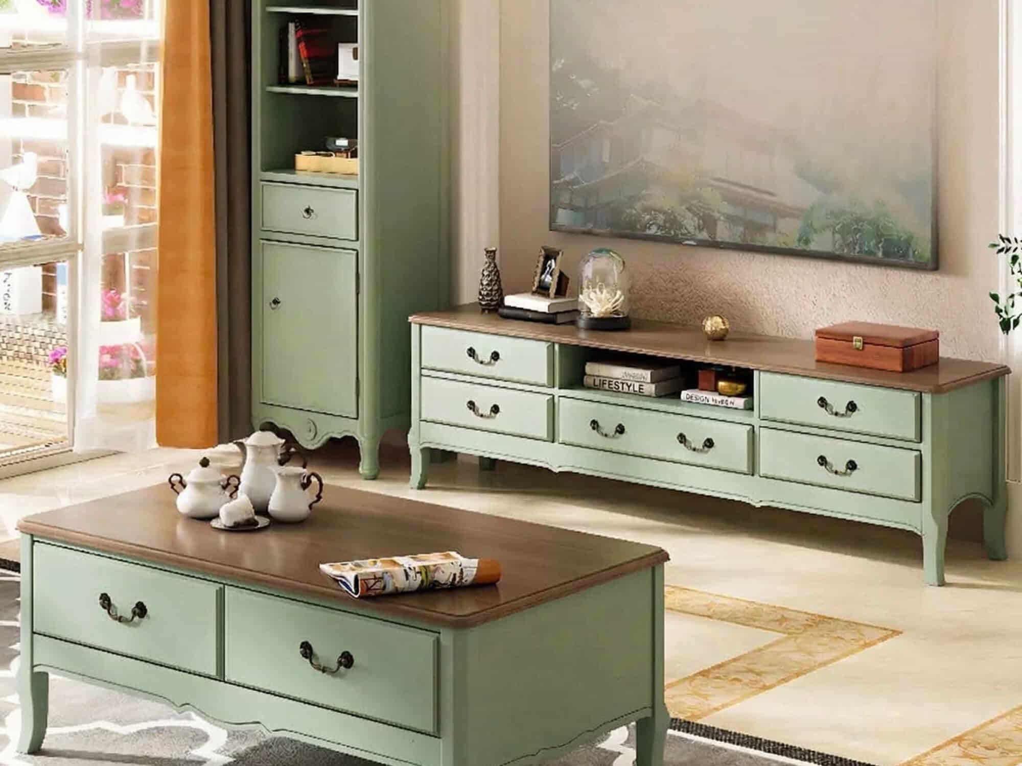 Brown-Green Wood Open Storage Drawers Long TV Stand 相册图 #2 scene