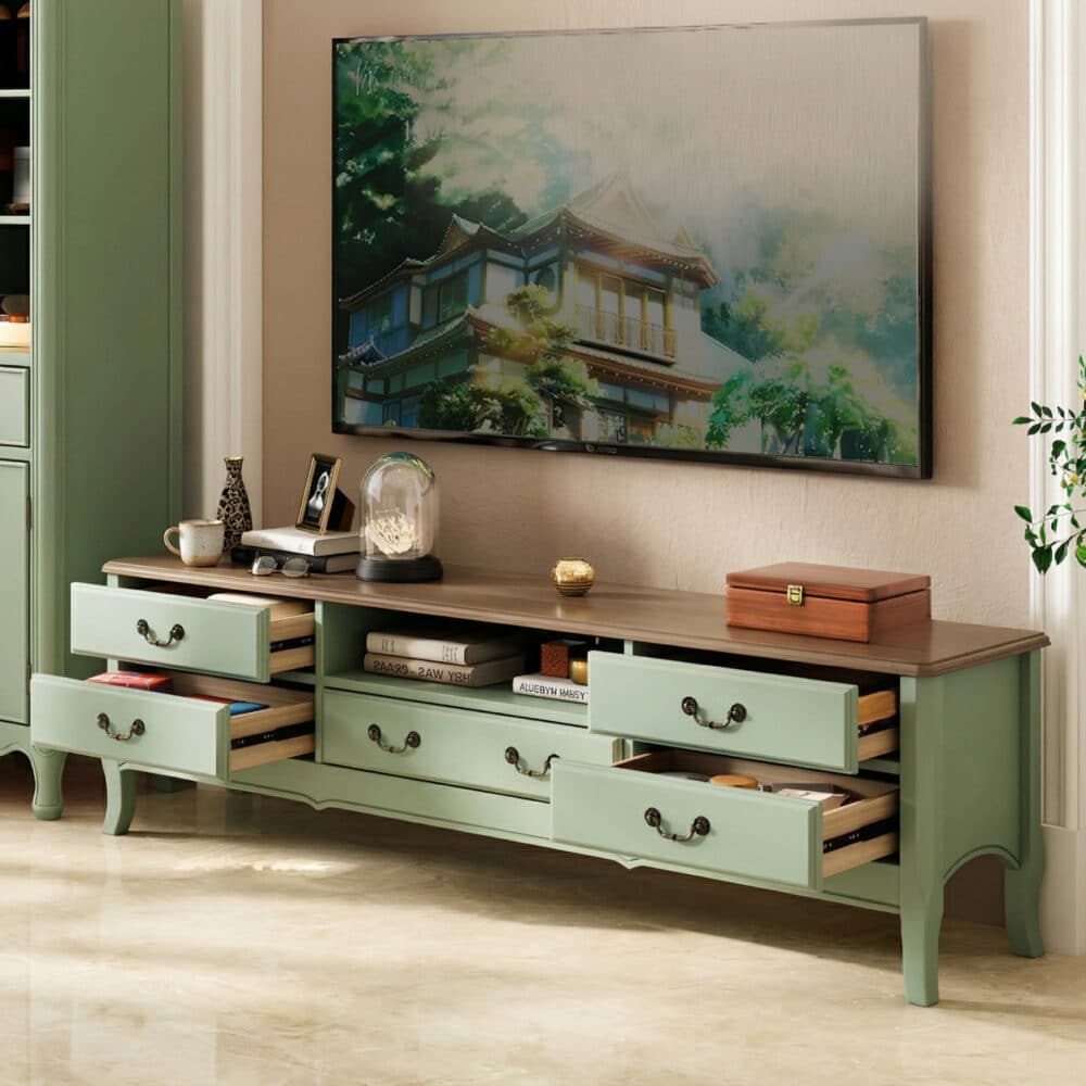 Brown-Green Wood Open Storage Drawers Long TV Stand 相册图 #3 scene