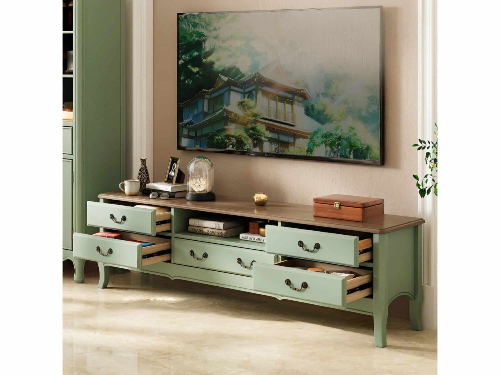 Brown-Green Wood Open Storage Drawers Long TV Stand 相册图 #3 scene