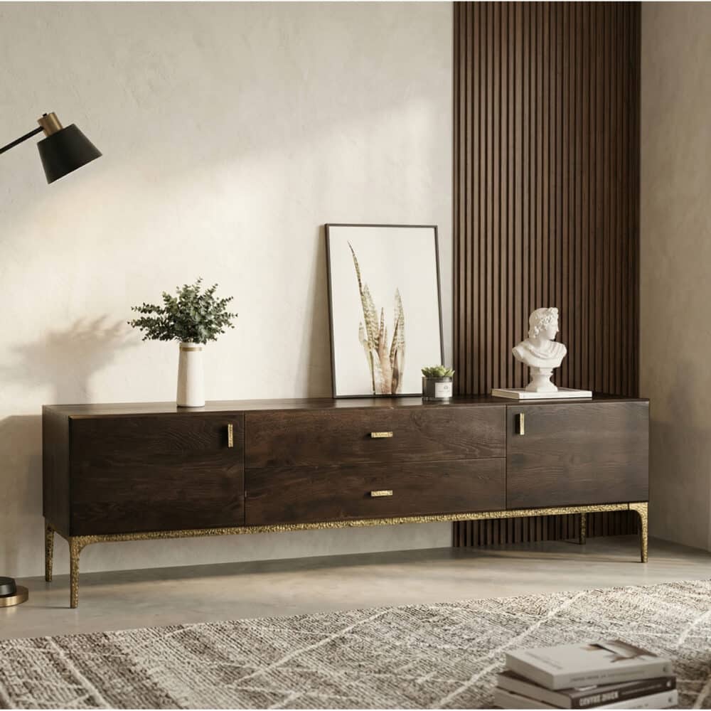 Brown Long Espresso Wood Tone Oak Cabinet TV Stand 相册图 #2 scene