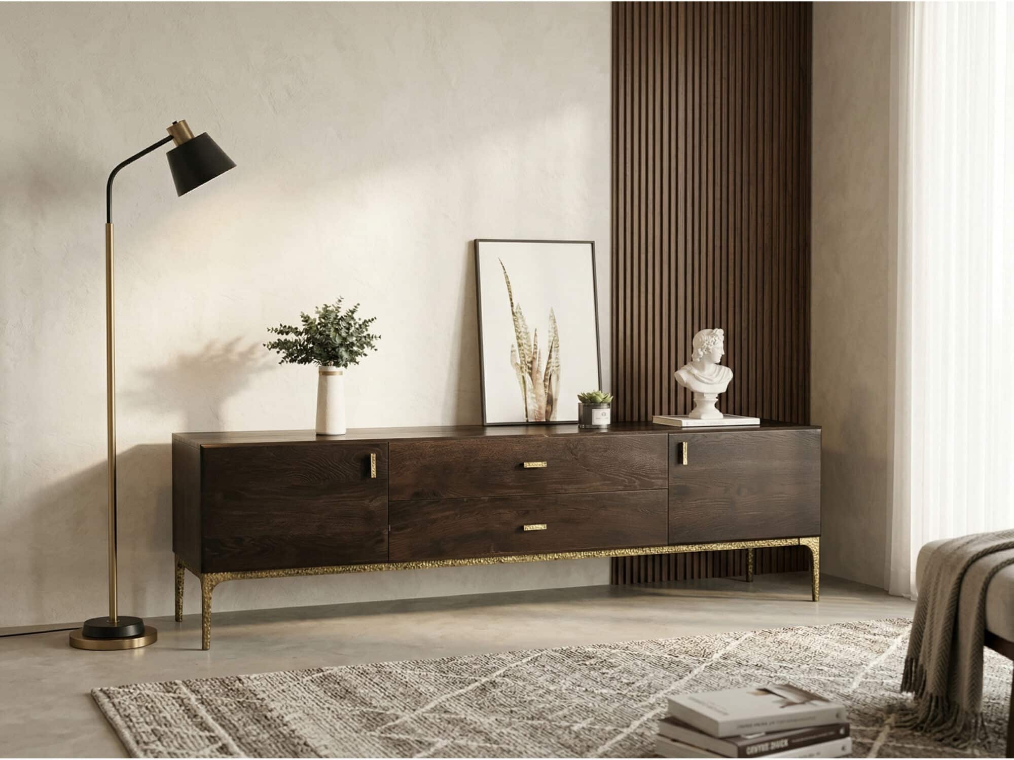 Brown Long Espresso Wood Tone Oak Cabinet TV Stand 相册图 #2 scene