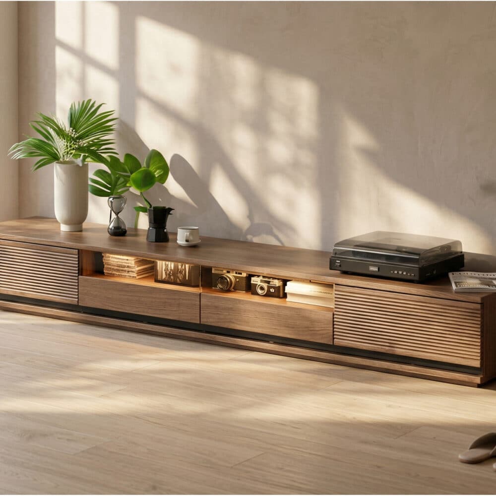 Brown Walnut Wood Drawers Rectangle 2 Tiers TV Stand 商品主图 scene