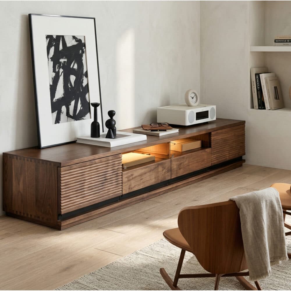 Brown Walnut Wood Drawers Rectangle 2 Tiers TV Stand 相册图 #2 scene