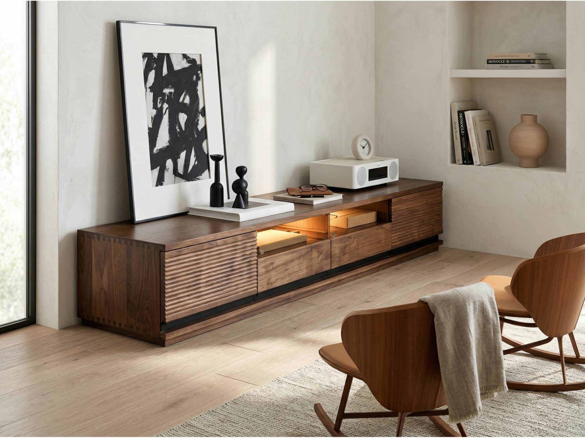 Brown Walnut Wood Drawers Rectangle 2 Tiers TV Stand 相册图 #2 scene