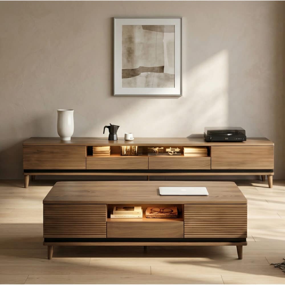 Brown Walnut Wood Drawers Rectangle 2 Tiers TV Stand 相册图 #3 scene