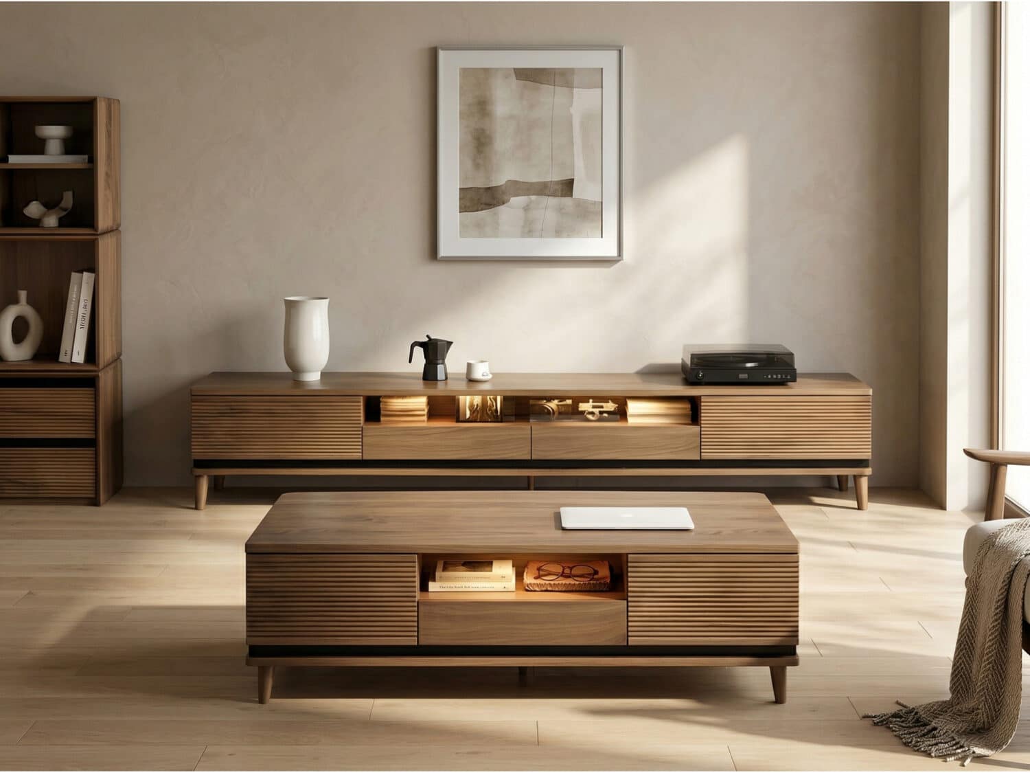 Brown Walnut Wood Drawers Rectangle 2 Tiers TV Stand 相册图 #3 scene