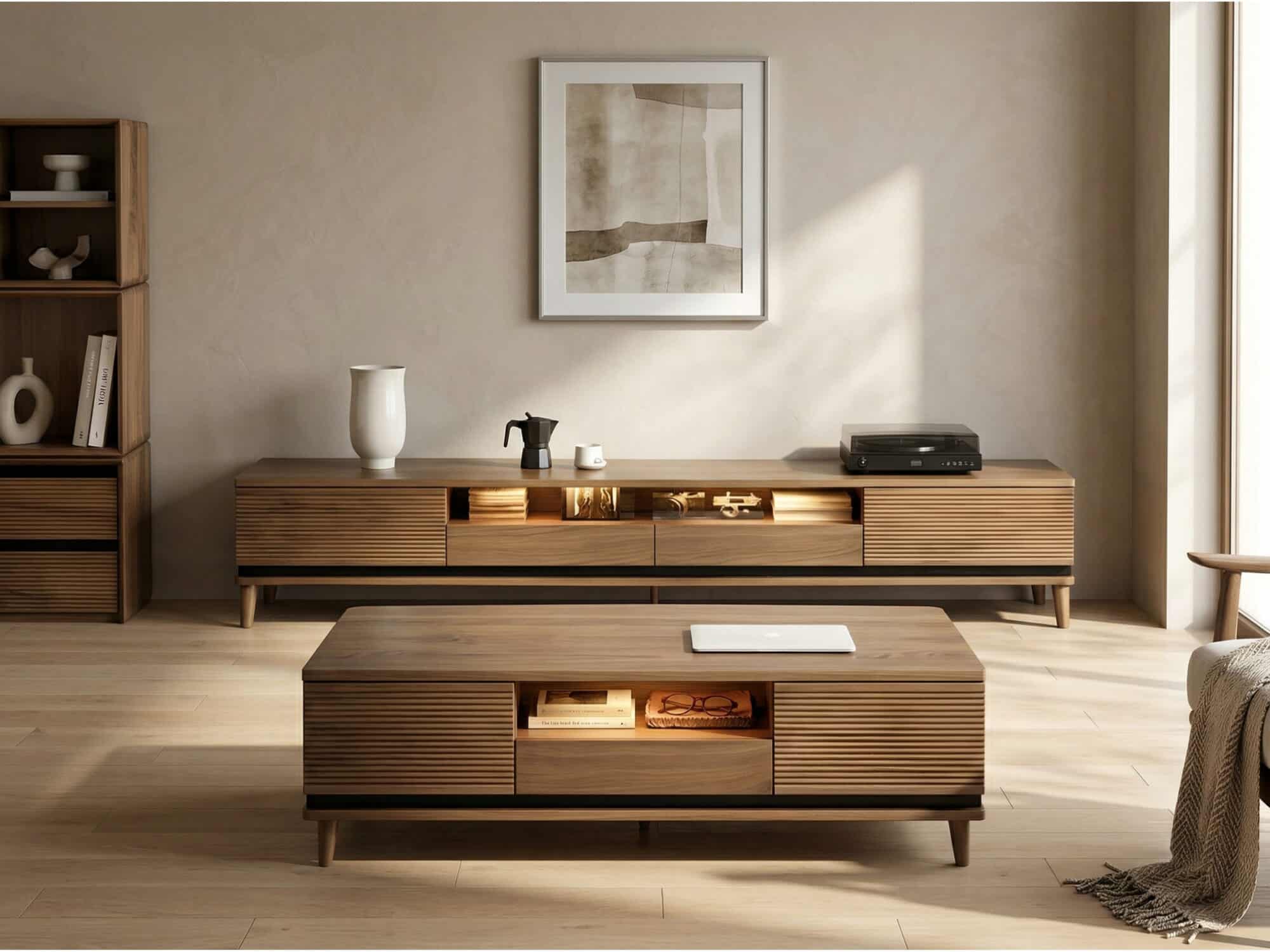 Brown Walnut Wood Drawers Rectangle 2 Tiers TV Stand 相册图 #3 scene