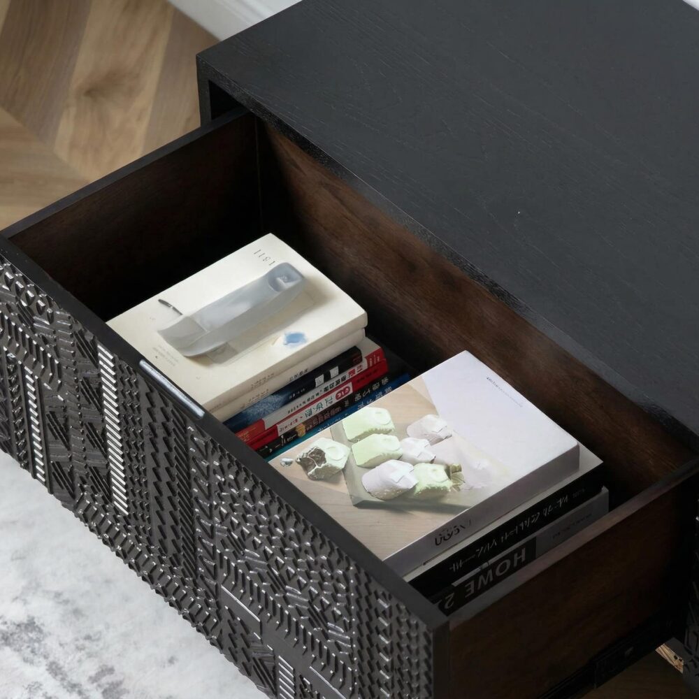 Elegant Black Wood Rectangle Carving Long Tv Stand 6
