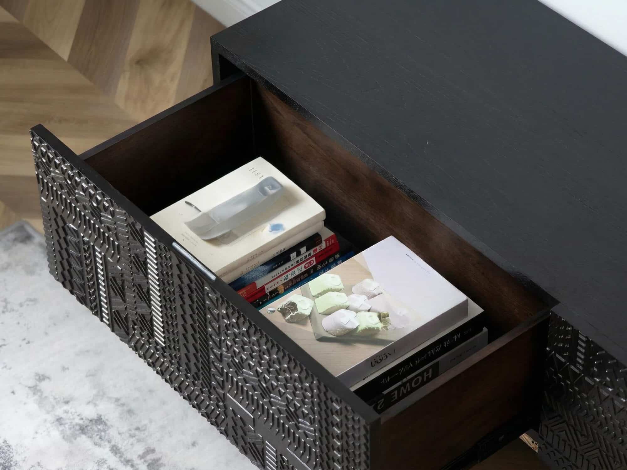 Elegant Black Wood Rectangle Carving Long Tv Stand 6