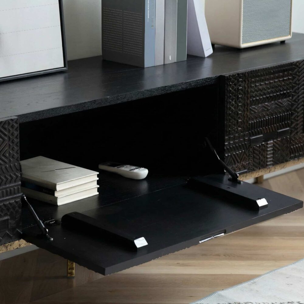 Elegant Black Wood Rectangle Carving Long Tv Stand 9