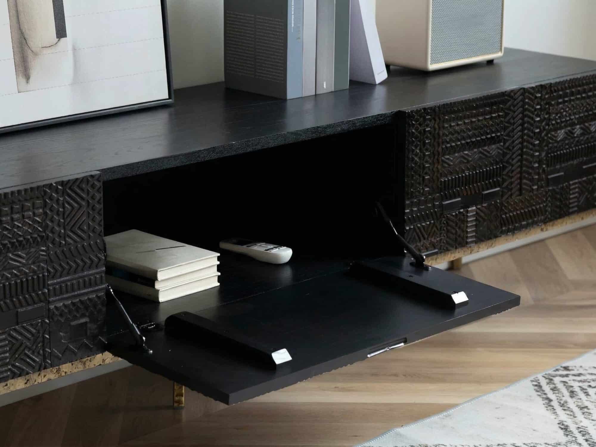Elegant Black Wood Rectangle Carving Long Tv Stand 9
