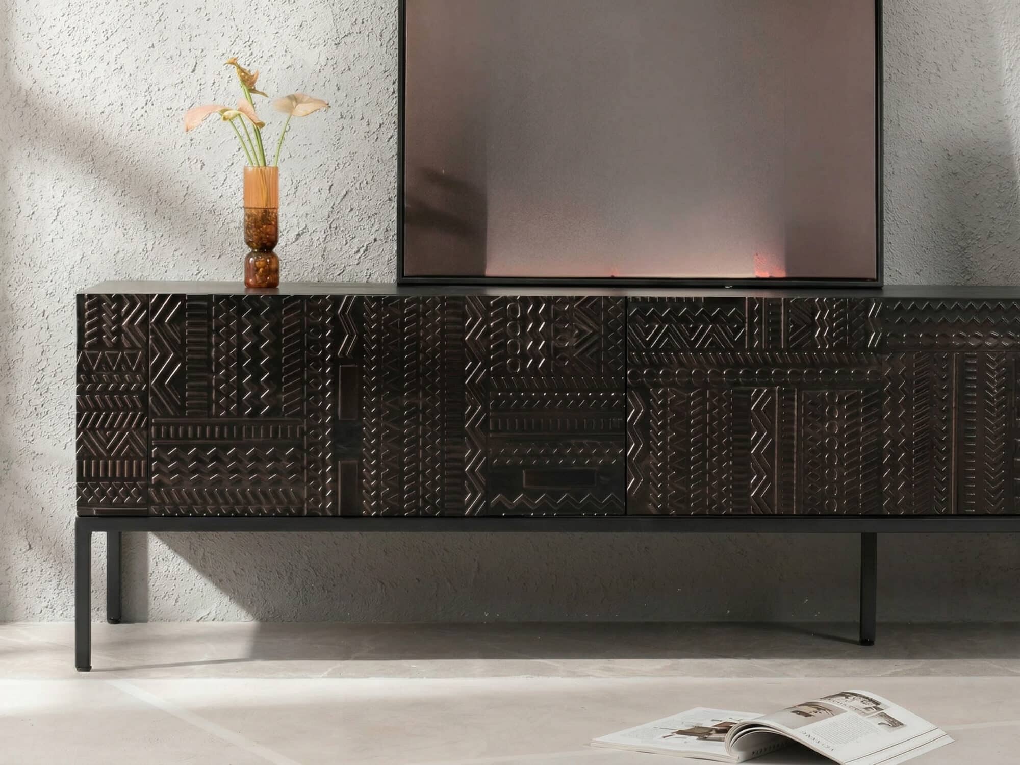 Elegant Black Wood Rectangle Carving Long TV Stand 相册图 #7 resized