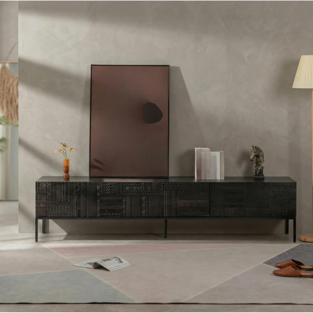 Elegant Black Wood Rectangle Carving Long TV Stand 商品主图 scene