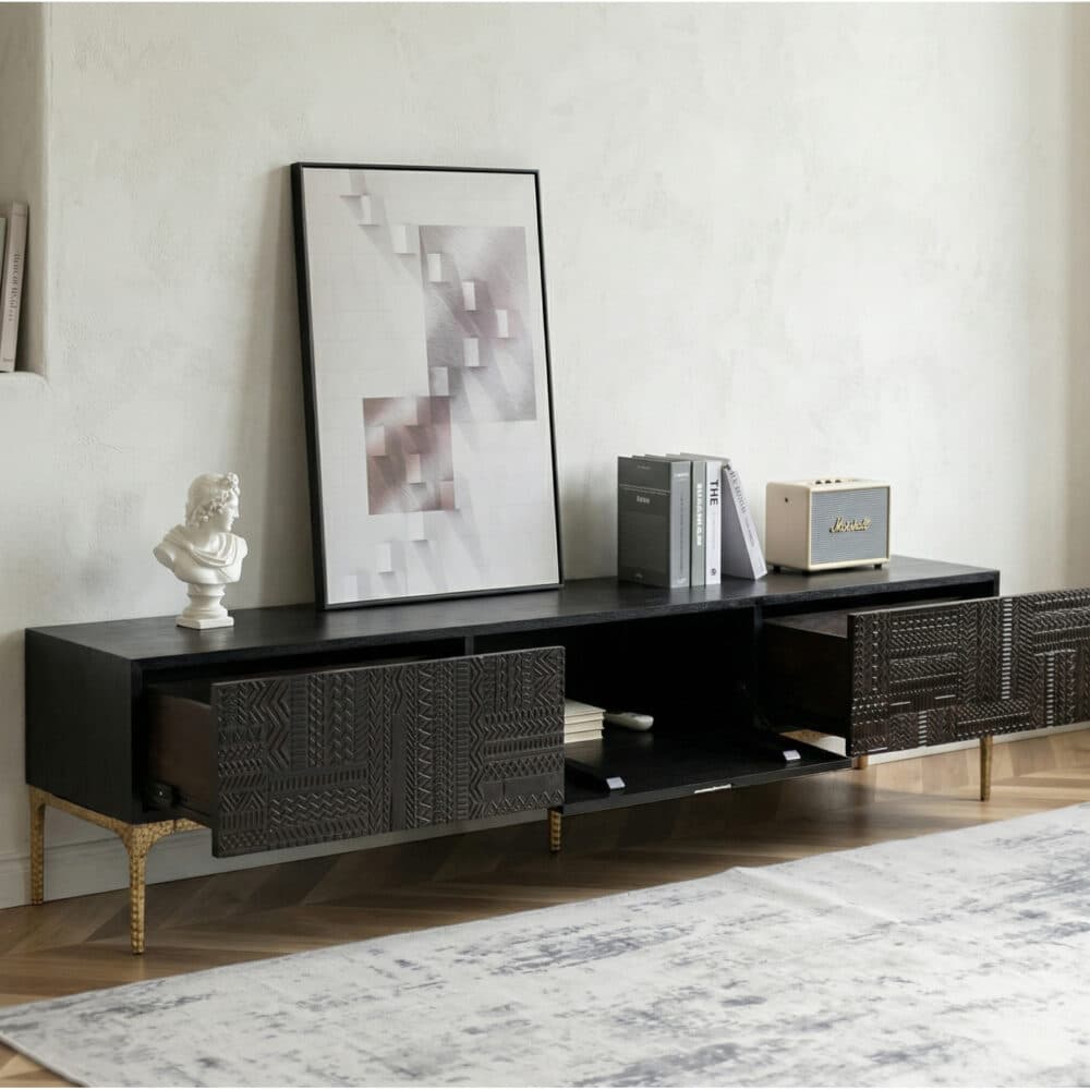 Elegant Black Wood Rectangle Carving Long TV Stand 相册图 #2 scene