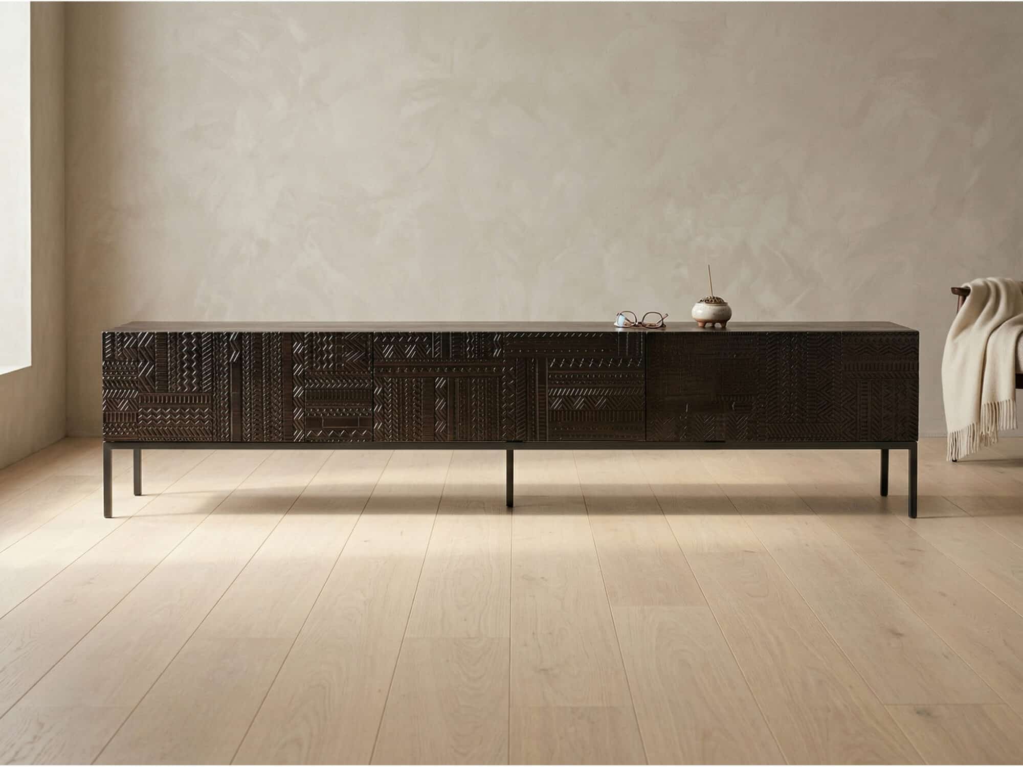 Elegant Black Wood Rectangle Carving Long TV Stand 相册图 #4 scene