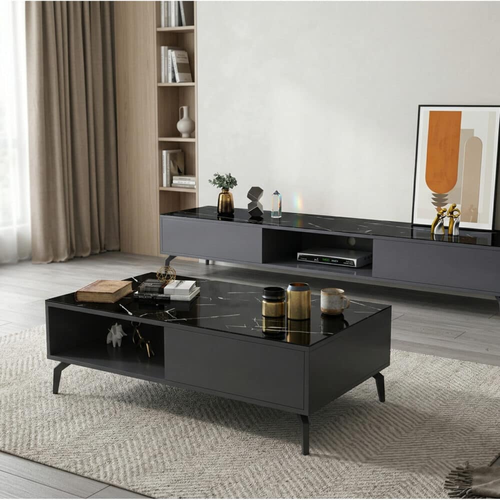 Living Room Black Glass Open Storage Cabinet TV Stand 商品主图 scene