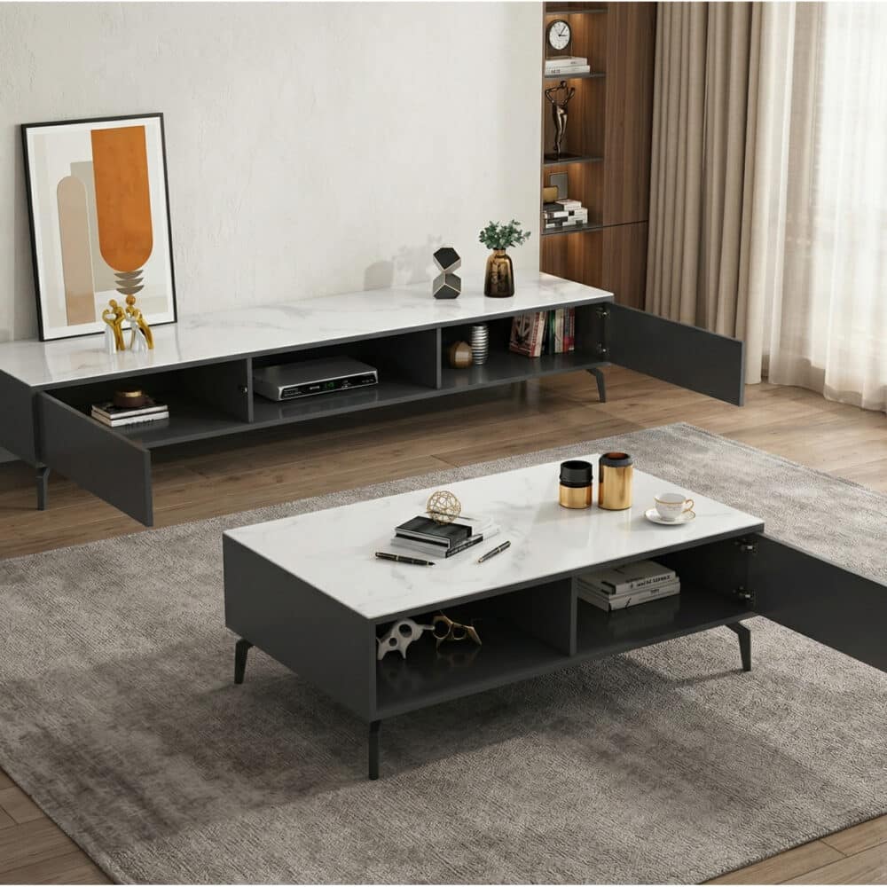 Living Room Black Glass Open Storage Cabinet TV Stand 相册图 #1 scene