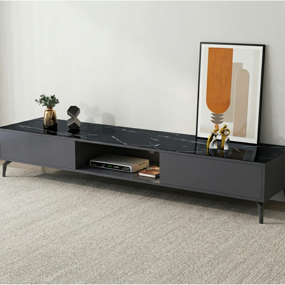 Living Room Black Glass Open Storage Cabinet TV Stand 相册图 #3 scene