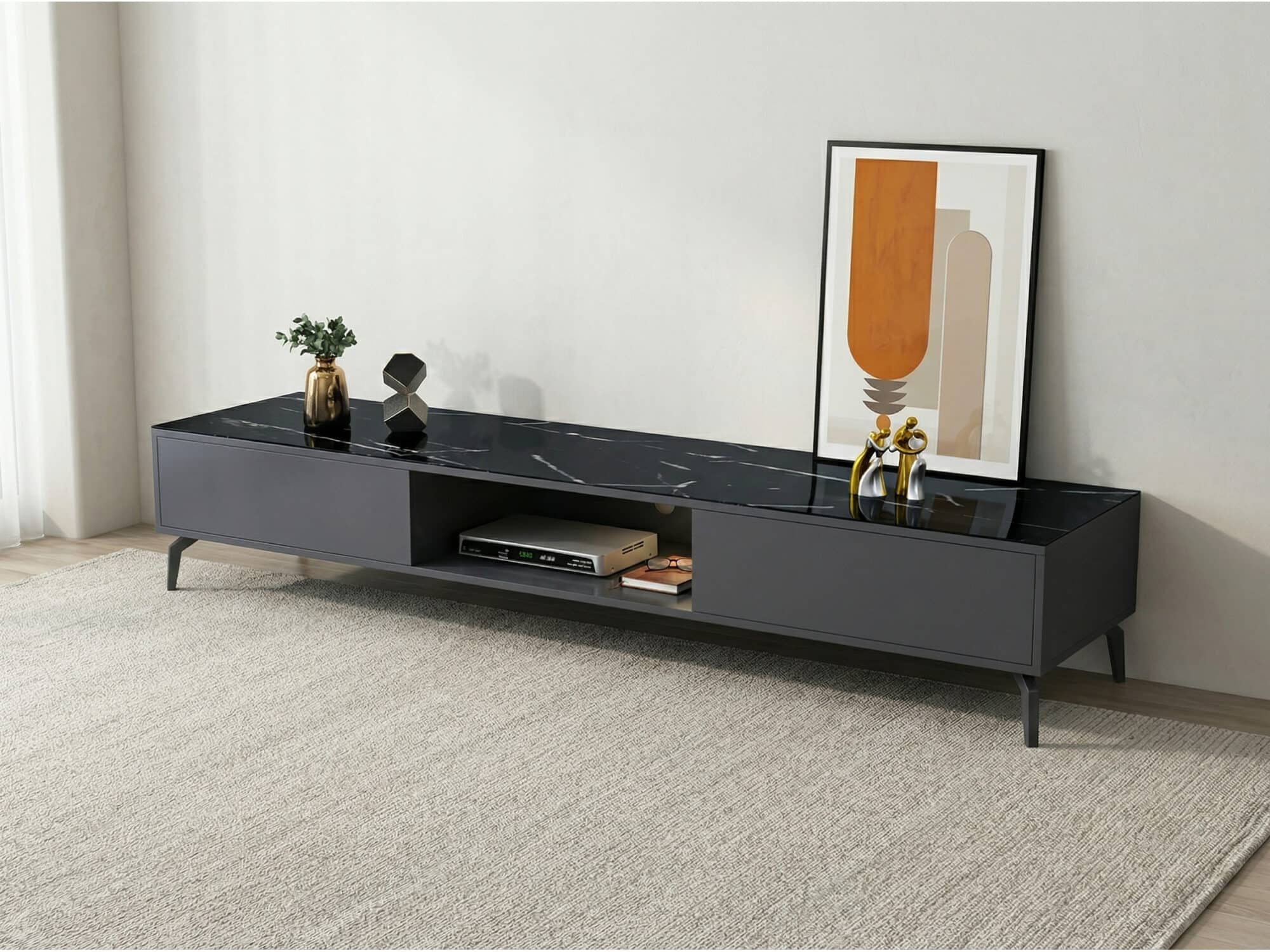 Living Room Black Glass Open Storage Cabinet TV Stand 相册图 #3 scene
