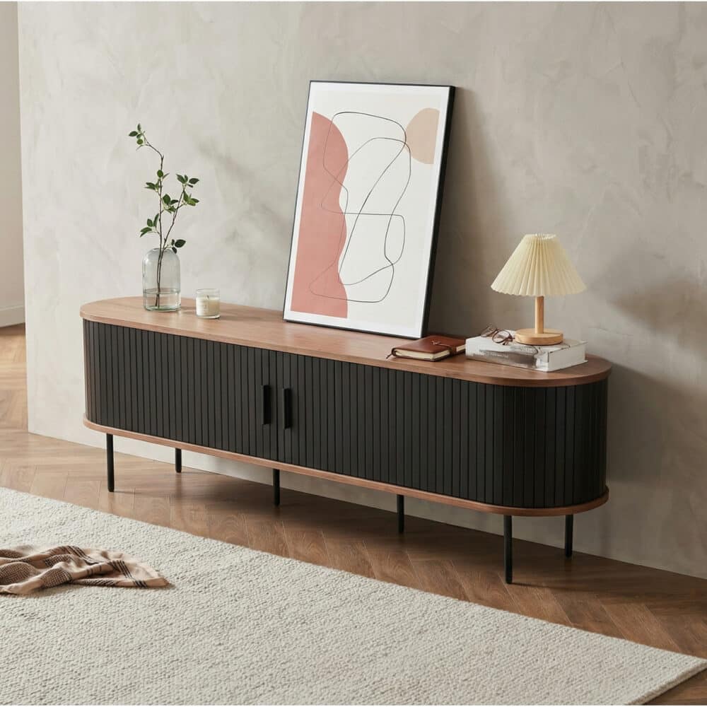 Mid-Century Modern Black Wood TV Stand with Cabinet - scene - 商品主图 Mid-Century Modern Black Wood TV Stand with Cabinet 商品主图 scene