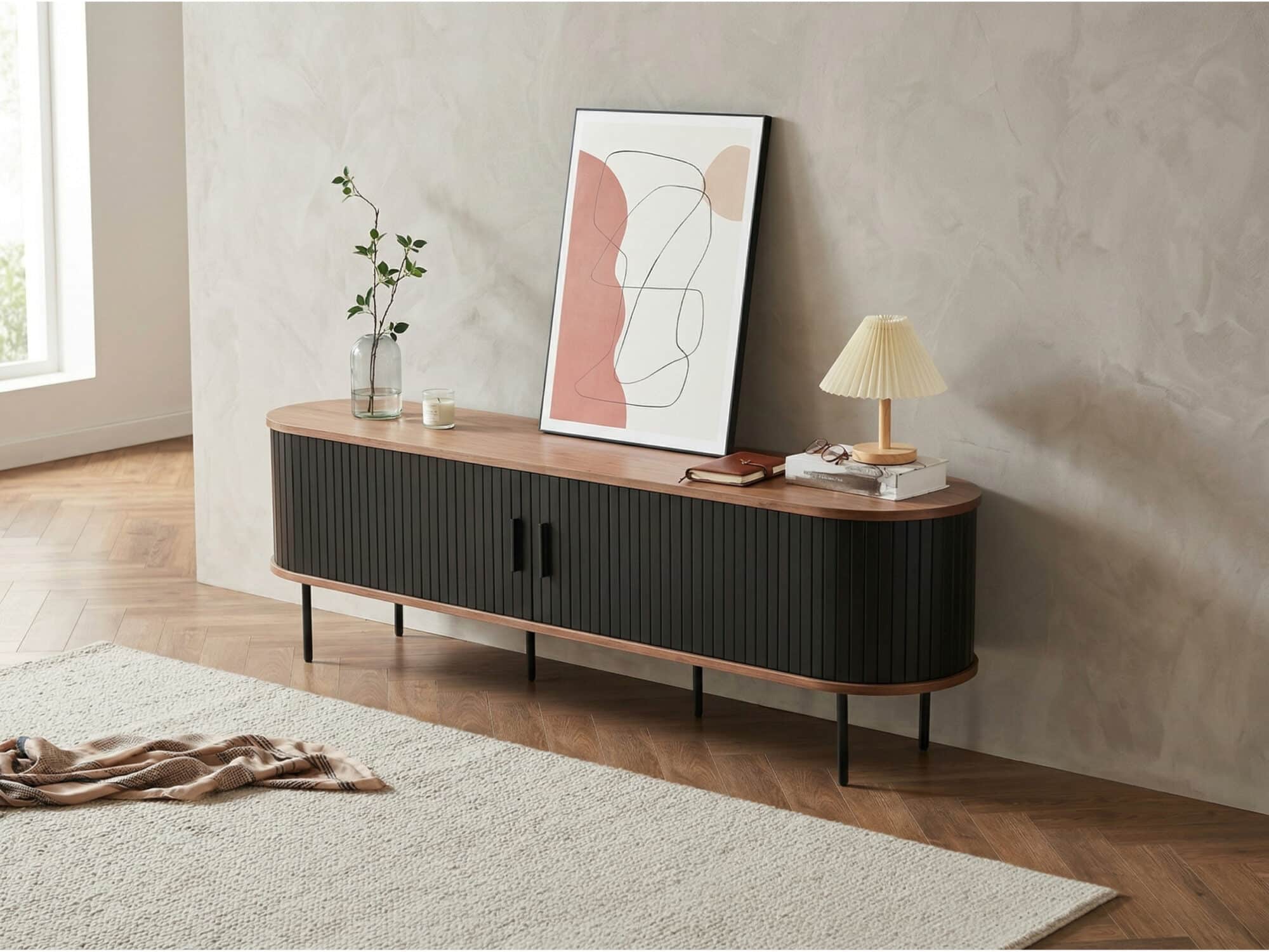 Mid-Century Modern Black Wood TV Stand with Cabinet - scene - 商品主图 Mid-Century Modern Black Wood TV Stand with Cabinet 商品主图 scene
