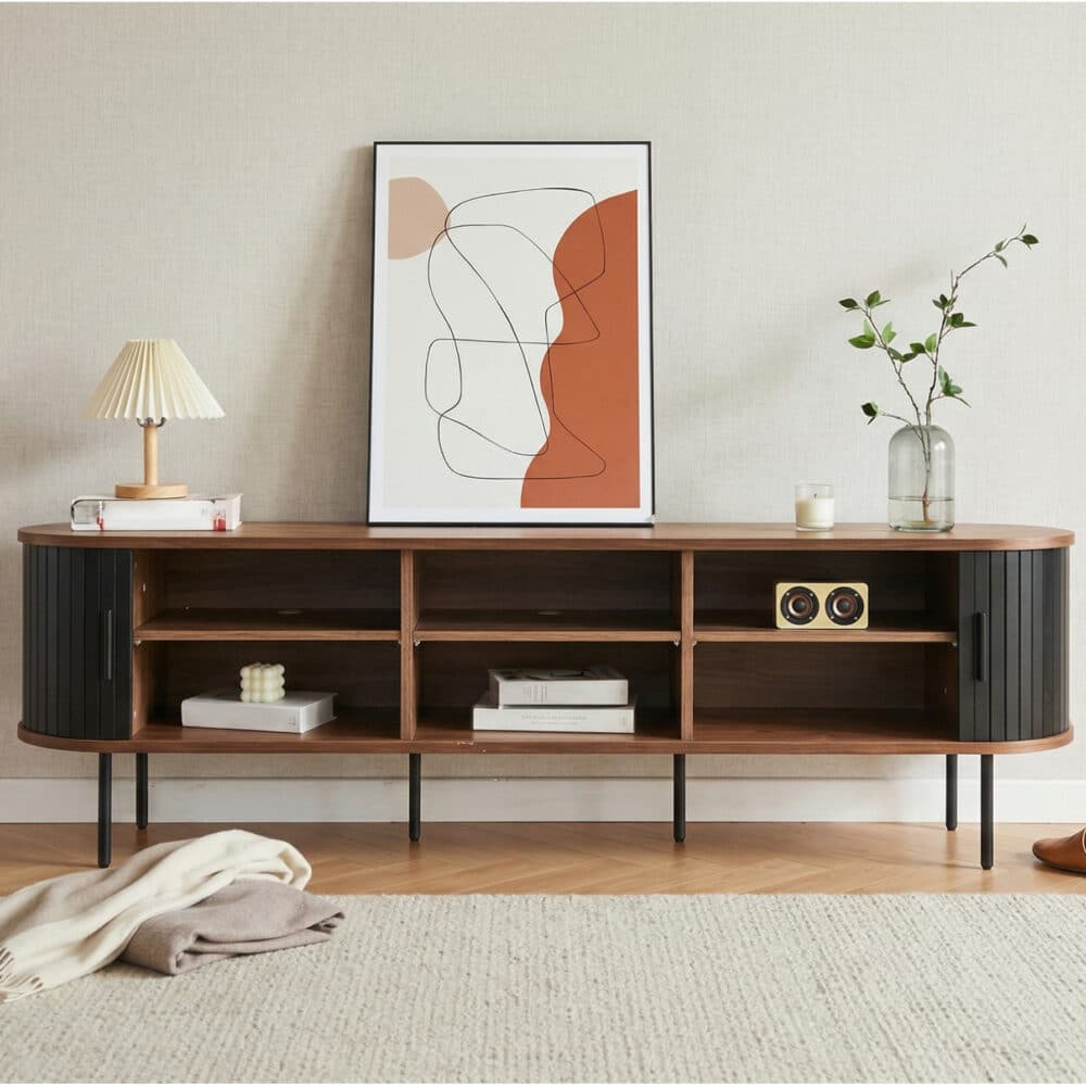 Mid-Century Modern Black Wood TV Stand with Cabinet - scene - 相册图 #2 Mid-Century Modern Black Wood TV Stand with Cabinet 相册图 #2 scene