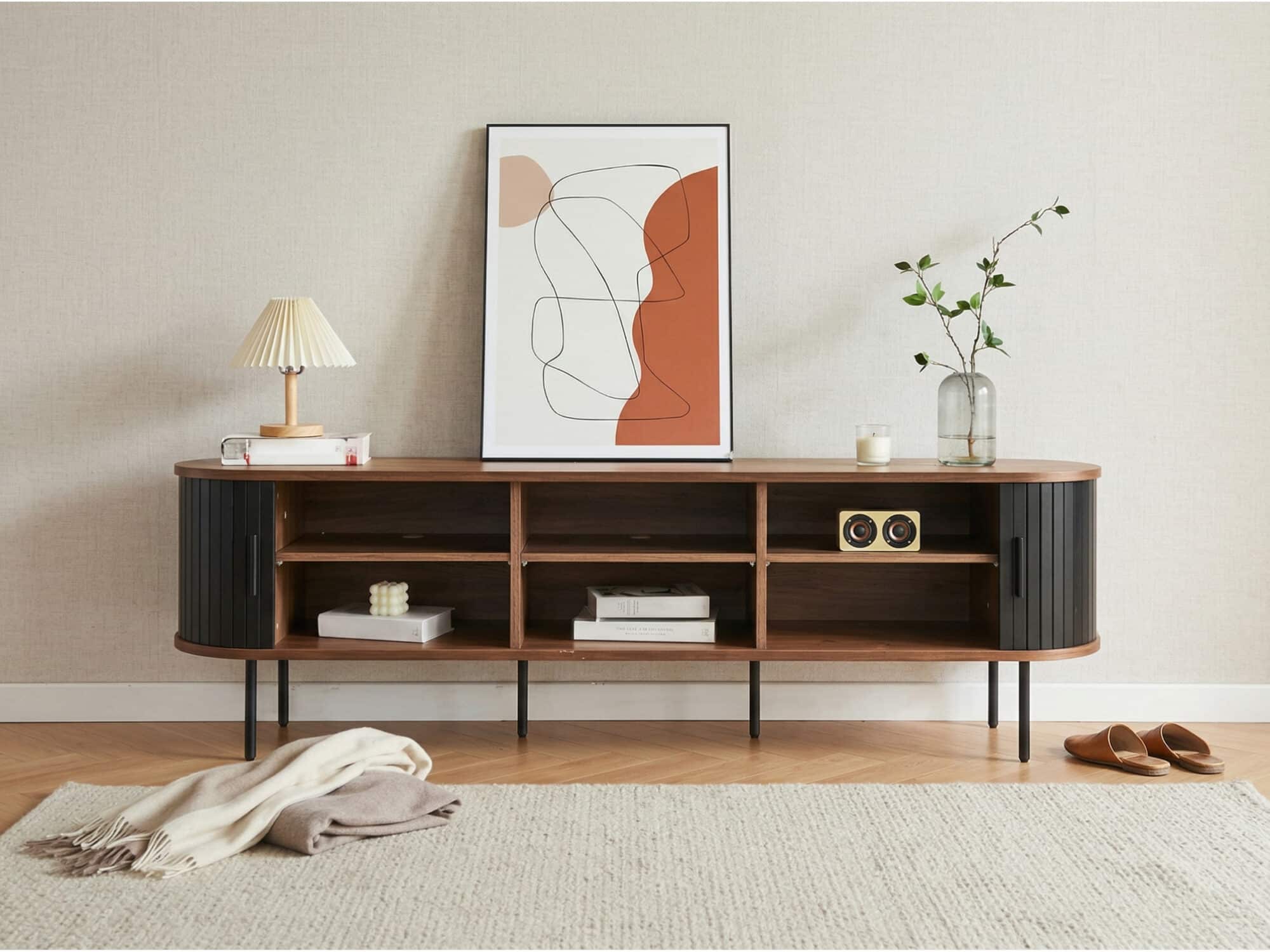 Mid-Century Modern Black Wood TV Stand with Cabinet - scene - 相册图 #2 Mid-Century Modern Black Wood TV Stand with Cabinet 相册图 #2 scene