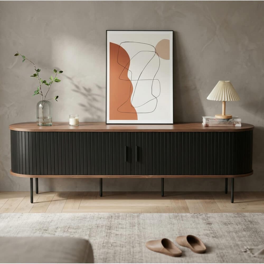 Mid-Century Modern Black Wood TV Stand with Cabinet - scene - 相册图 #3 Mid-Century Modern Black Wood TV Stand with Cabinet 相册图 #3 scene
