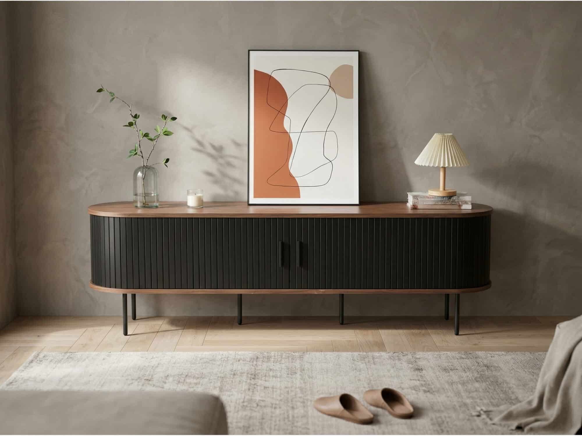 Mid-Century Modern Black Wood TV Stand with Cabinet - scene - 相册图 #3 Mid-Century Modern Black Wood TV Stand with Cabinet 相册图 #3 scene