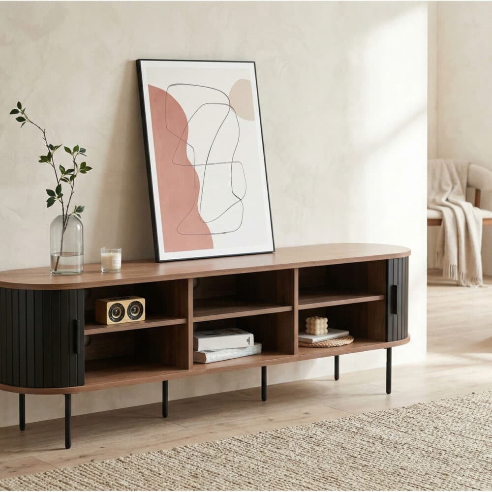 Mid-Century Modern Black Wood TV Stand with Cabinet - scene - 相册图 #5 Mid-Century Modern Black Wood TV Stand with Cabinet 相册图 #5 scene