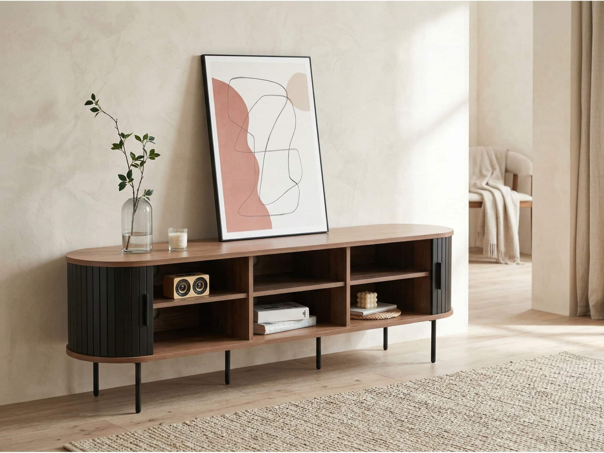 Mid-Century Modern Black Wood TV Stand with Cabinet - scene - 相册图 #5 Mid-Century Modern Black Wood TV Stand with Cabinet 相册图 #5 scene