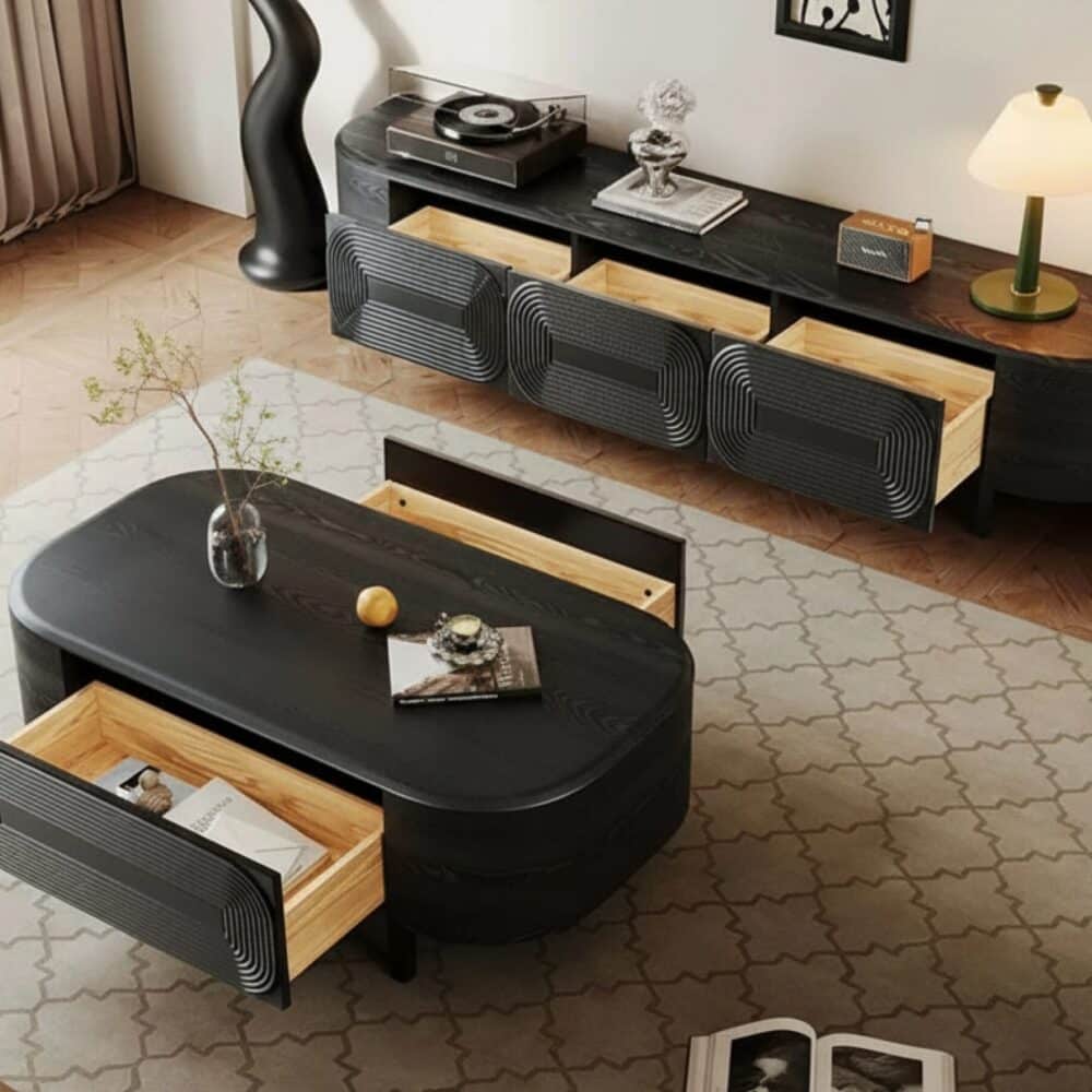 Mid Century Modern Black Wood Tv Stand With Drawers 2