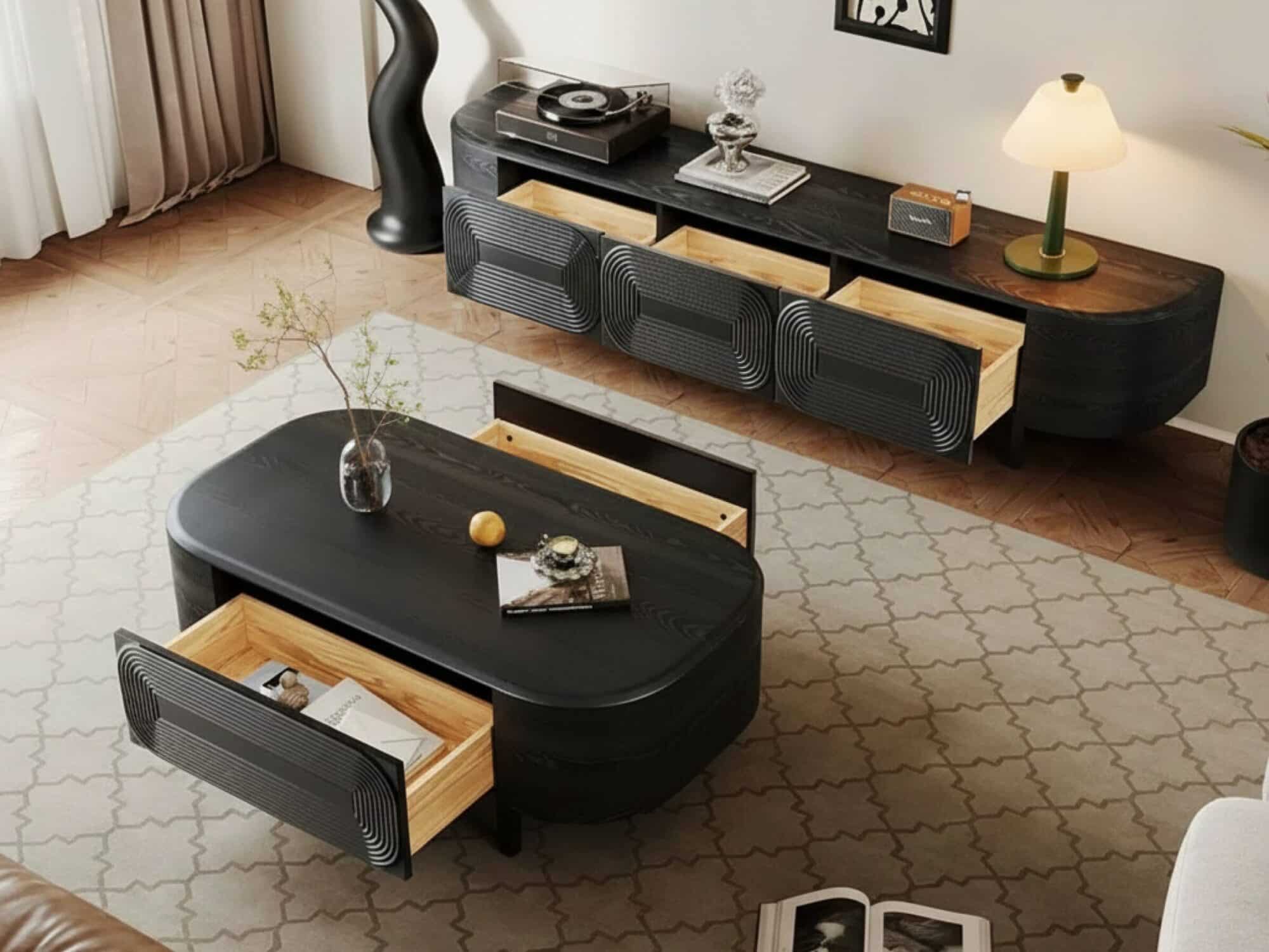 Mid Century Modern Black Wood Tv Stand With Drawers 2