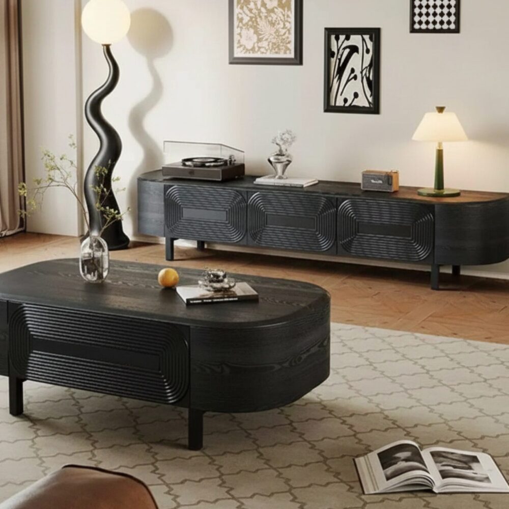 Mid Century Modern Black Wood Tv Stand With Drawers 4