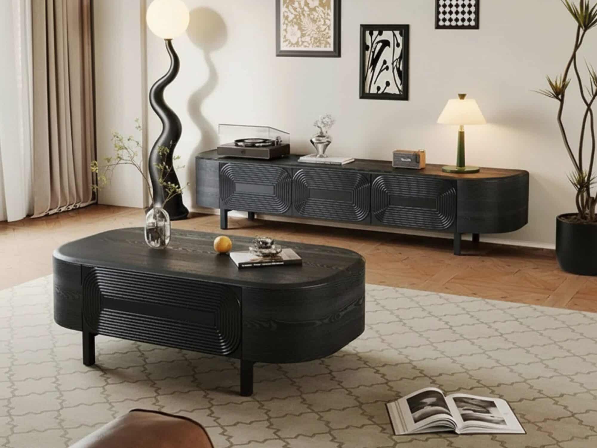 Mid Century Modern Black Wood Tv Stand With Drawers 4