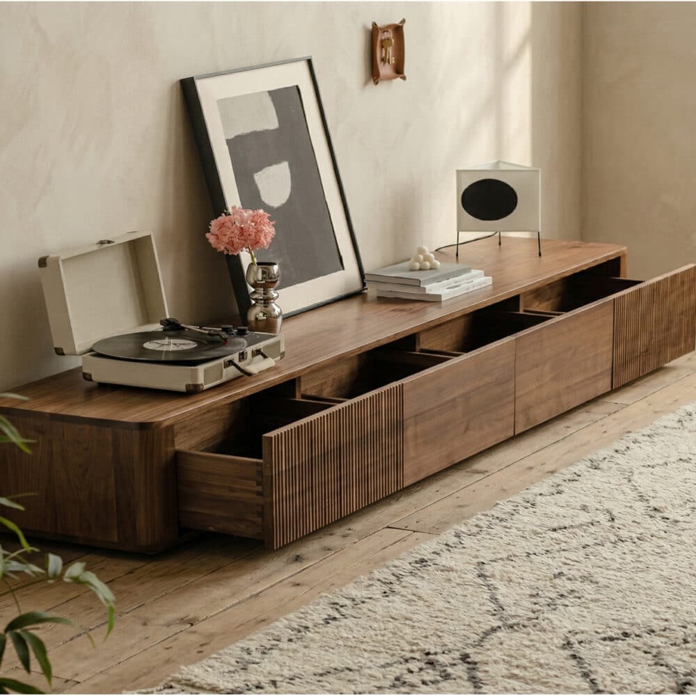 Mid-Century Modern Brown Wood Drawers Long TV Stand 相册图 #1 scene