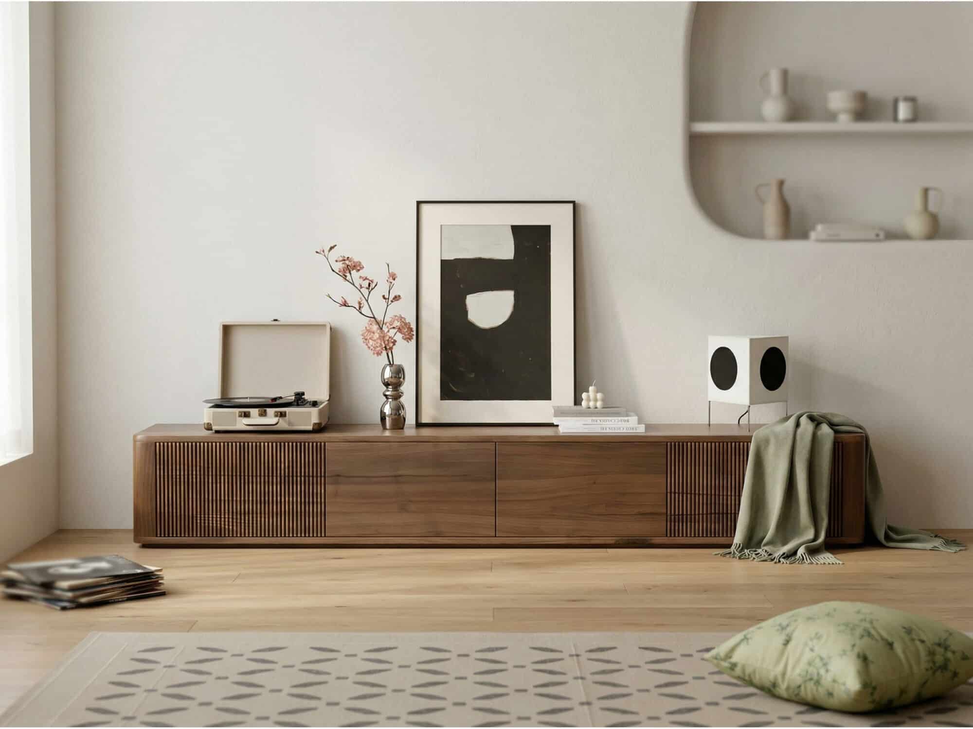 Mid-Century Modern Brown Wood Drawers Long TV Stand 相册图 #2 scene